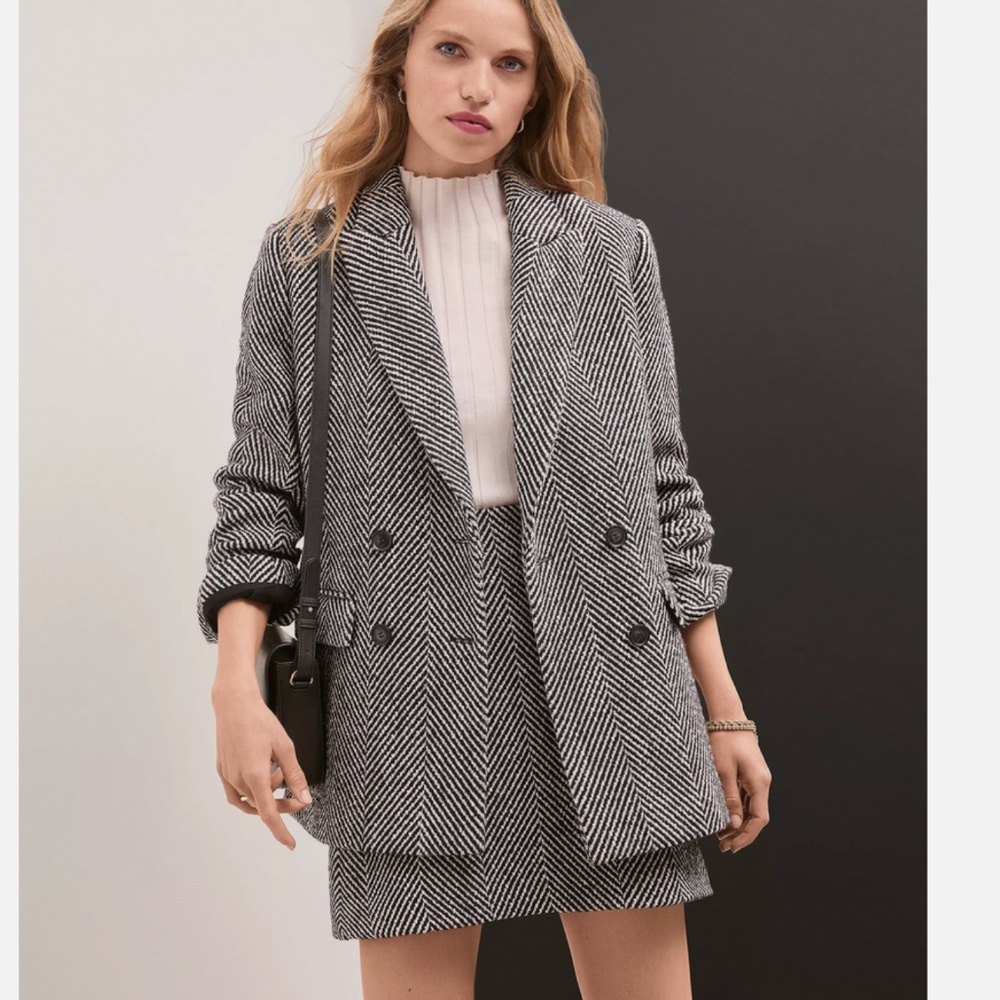 LOFT Blazer Womens Size 0 Black White‎ Herringbone Double Breasted Oversized NEW